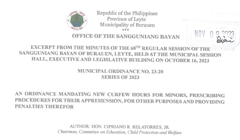 Odinance No 23-20 New Curfew Hours for Minor